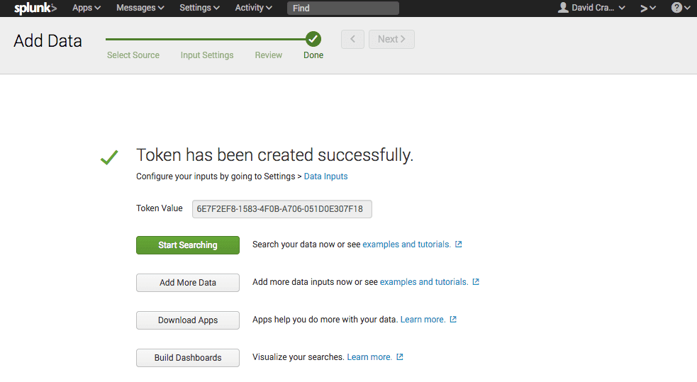 Token has been successfully created in Splunk